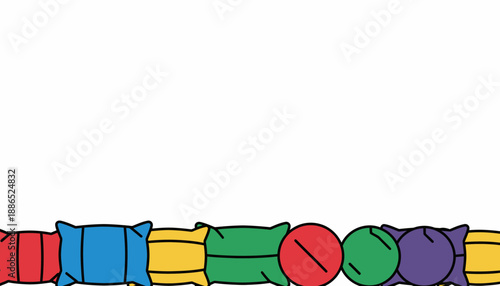 A colorful row of soft beanbags or cushions in various shapes and colors, including red, blue, yellow, green, and purple, against a plain white background.