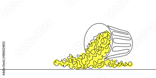 A single, continuous artistic line a fallen popcorn bucket. Vector minimalist linear illustration. Editable stroke.