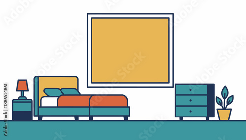 Minimalist flat design illustration of a cozy bedroom interior with a bed, nightstand, lamp, dresser, and potted plant.