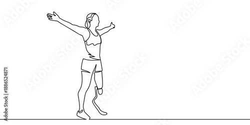 A continuous line of art a disabled athlete raising their hand. Vector minimalist linear illustration. Editable stroke.