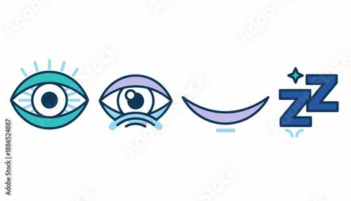 Vector illustration depicting various eye states from awake to crying and finally sleeping with Zz symbols, representing different emotional and physical conditions.