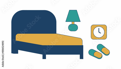 Minimalist illustration of a bed, lamp, alarm clock, and pills, representing sleep and health.
