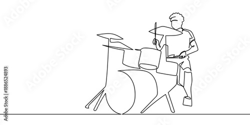 A continuous, single art line a man drumming, viewed from the side. Vector minimalist linear illustration. Editable stroke.