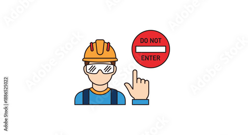 Construction Worker with Safety Gear and Do Not Enter Sign Pointing Finger.