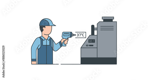 Technician using infrared thermometer to measure temperature of industrial equipment.
