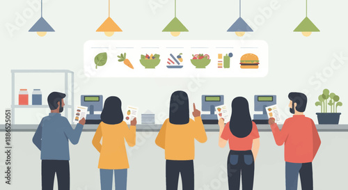 People ordering food at a restaurant counter with menu icons above.