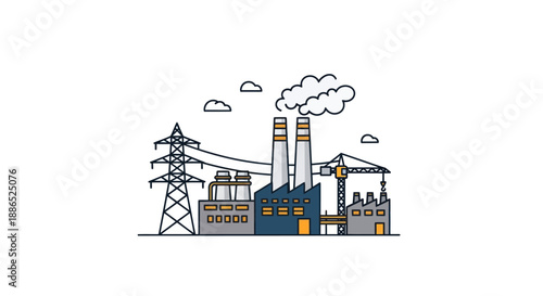 Stylized line art illustration of an industrial factory complex with smoking chimneys and a power pylon.