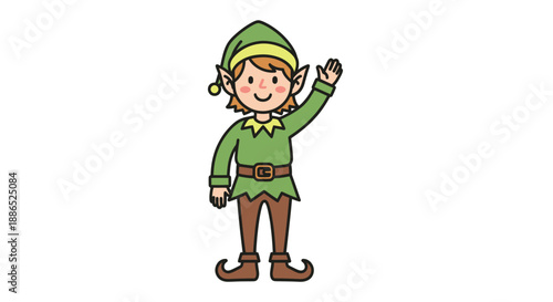 Cartoon Elf Character Waving with Green Outfit and Hat.