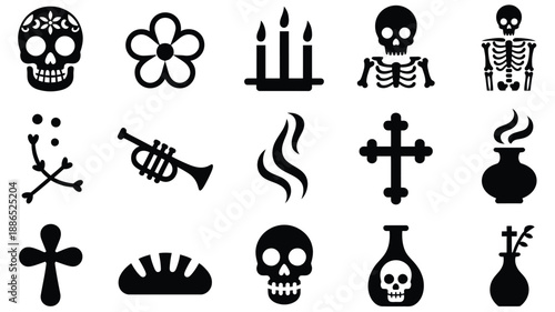 Black silhouettes of halloween symbols and white skull skeleton