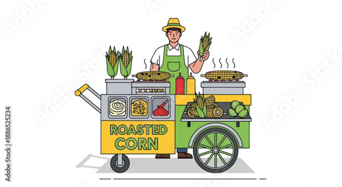 Cartoon Illustration of a Street Vendor Selling Roasted Corn.