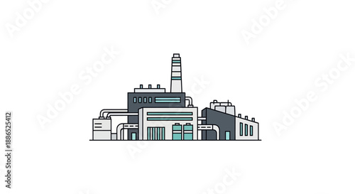 Stylized Industrial Factory Building with Tall Chimney.