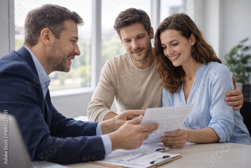 Happy couple reviewing documents with financial advisor in modern office