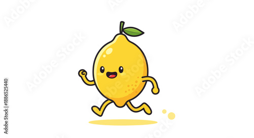 Cute Cartoon Yellow Lemon Character Running with a Happy Face and Green Leaf.