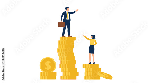 Business professionals standing on stacks of coins, symbolizing financial success and career growth