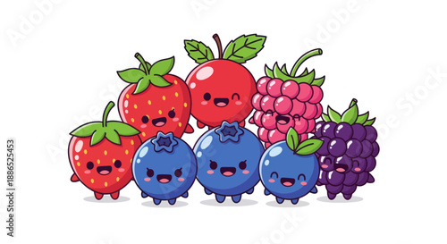 Adorable group of smiling kawaii berry fruits including strawberries blueberries and raspberries.