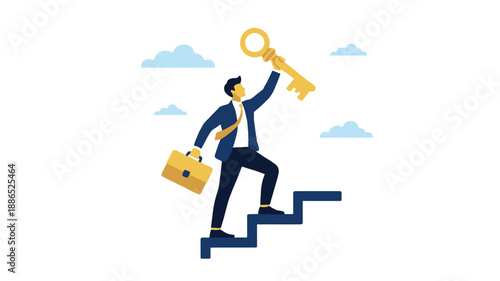 Businessman climbing stairs holding a golden key, symbolizing success and achievement