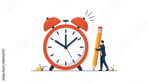Businessman holding a giant pencil next to a ringing alarm clock, symbolizing time management and deadlines