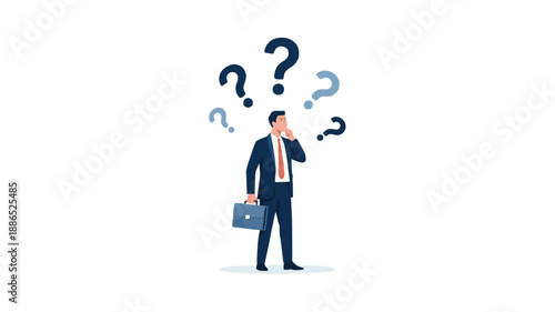 Businessman Pondering with Multiple Question Marks Above His Head