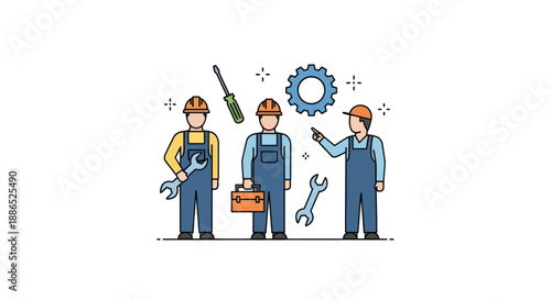 Three construction workers with tools and gears representing teamwork and industry.