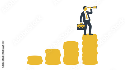 Businessman with Telescope on Stack of Coins, Symbolizing Financial Growth and Future Vision