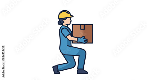 Cartoon worker lifting a cardboard box with safety helmet and gloves.