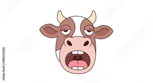 Funny cartoon cow head with a tired sleepy expression and wide open mouth.