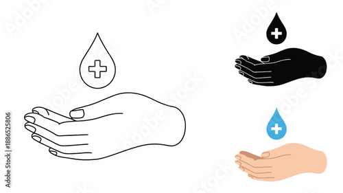 Hand Sanitizer Drop with Medical Cross on Open Hands