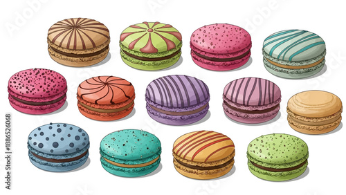 Colorful macarons in various flavors and designs