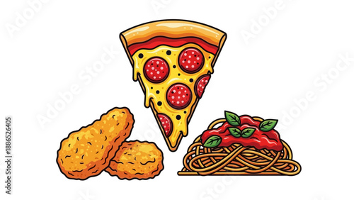 Delicious Italian food with pizza, spaghetti and chicken nuggets