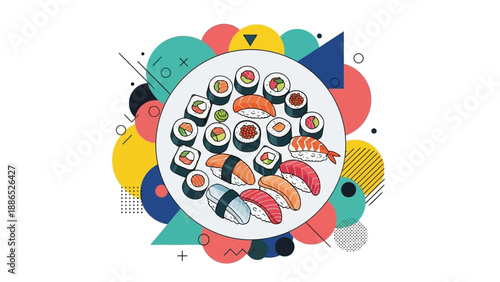 Vibrant sushi rolls and sashimi on colorful geometric background
