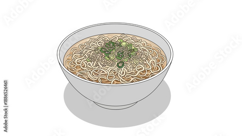 Delicious bowl of noodles with green vegetables and savory broth