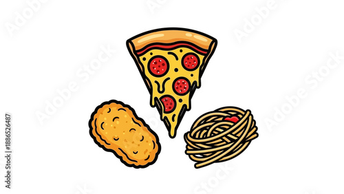 Delicious food trio with pizza slice, chicken nugget, and spaghetti