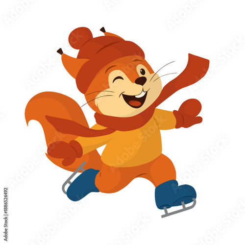 Happy squirrel ice skating and waving in flat cartoon style. Cute winter animal character illustration for kids content, ice rink posters, holiday cards, seasonal decorations, mascots, educational