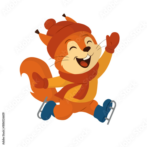 Happy squirrel ice skating and waving in flat cartoon style. Cute winter animal character illustration for kids content, ice rink posters, holiday cards, seasonal decorations, mascots, educational