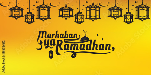Marhaban Ya Ramadhan greeting with hanging lanterns and crescent moon on a vibrant yellow background.