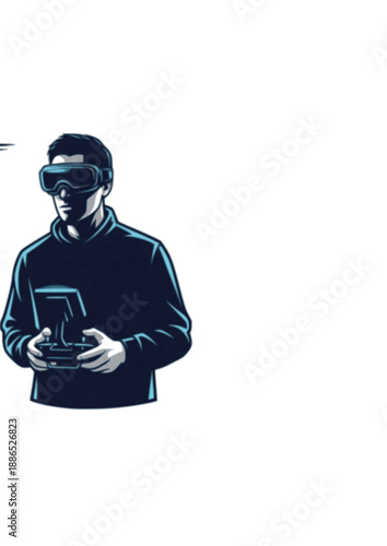 FPV Drone Racing Pilot Silhouette, Professional Drone Operator with Goggles, Future Tech Hobby and Electronic Sports Vector Design