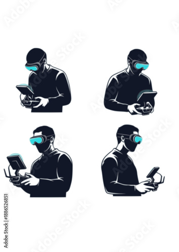 FPV Drone Racing Pilot Silhouette, Professional Drone Operator with Goggles, Future Tech Hobby and Electronic Sports Vector Design