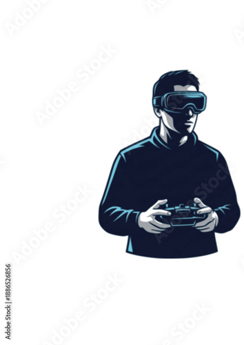 FPV Drone Racing Pilot Silhouette, Professional Drone Operator with Goggles, Future Tech Hobby and Electronic Sports Vector Design
