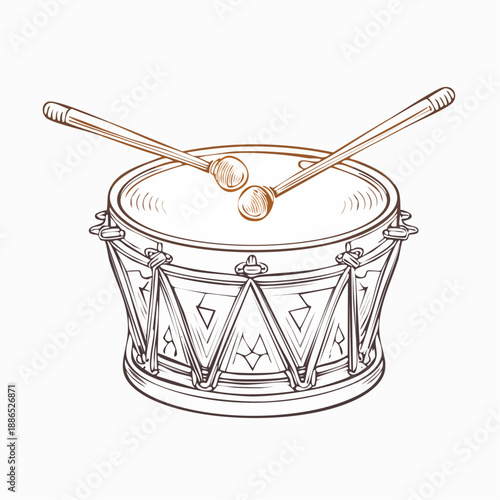 Drum with drumsticks placed on top in a simple line drawing style illustration
