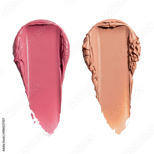extreme macro close-up, top-down view of two contrasting cosmetic swatches: a glossy medium pink and a matte peachy-nude, showing delicate brush strokes on a transparent studio background. Concept