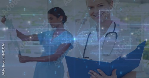 Nurse raising X-ray film to light, activating overlay sweeping across frame, doctor reviewing data