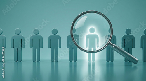 Recruitment and talent acquisition concept. Magnifying glass focusing on one unique person selected from a group of candidates. Human resources (HR) hiring strategy 3D illustration.
