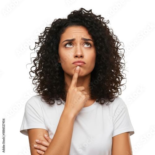 Young woman pondering deeply with finger on chin isolated on transparent background