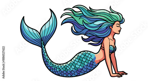 Mythical Mermaid Character with Flowing Green Hair
