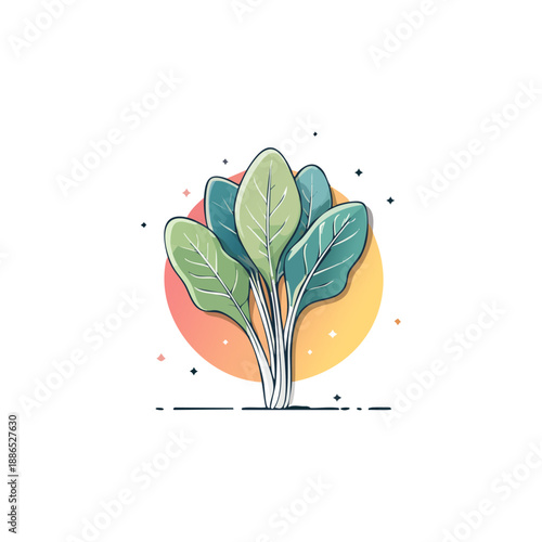 Vibrant Green Leafy Vegetables Bunch Isolated on White with Abstract Sunburst Background