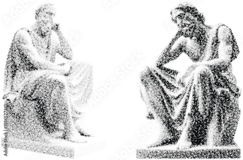 Halftone art collage of thinking philosopher statues isolated on white background vintage dot texture vector illustration for design or decoration