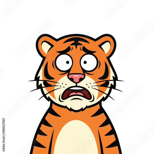 A cartoon tiger with a shocked expression standing in a blank space viewed from the front