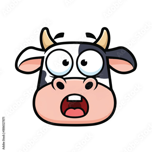A cartoon cow face with a shocked expression, wide eyes, and open mouth