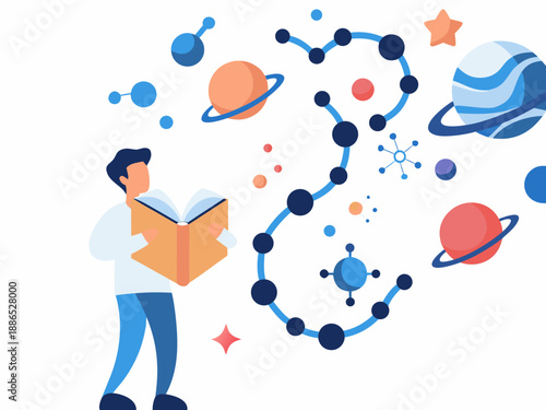 A person reading a book with planets and celestial objects surrounding them