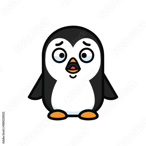 Adorable cartoon penguin standing alone in a minimalist white space with a curious expression, simple illustration